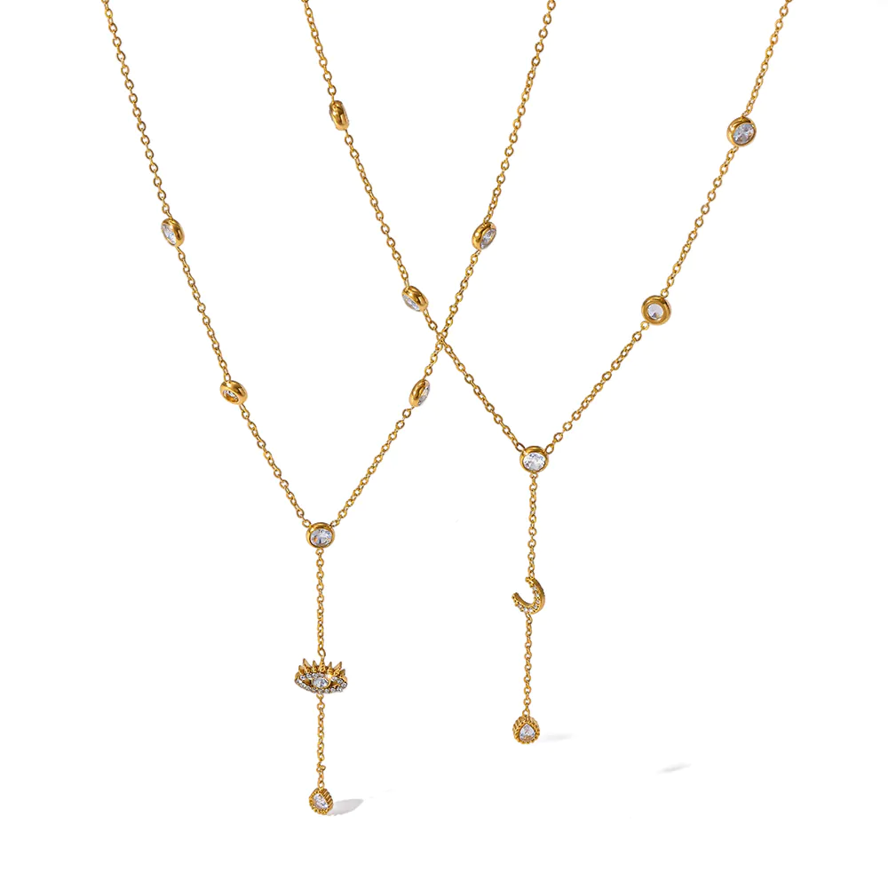 18K Gold‑Plated Stainless Steel Evil Eye Moon Y‑Drop Necklace, Cubic Zirconia Stackable Waterproof Collarbone Neck Jewelry For Women