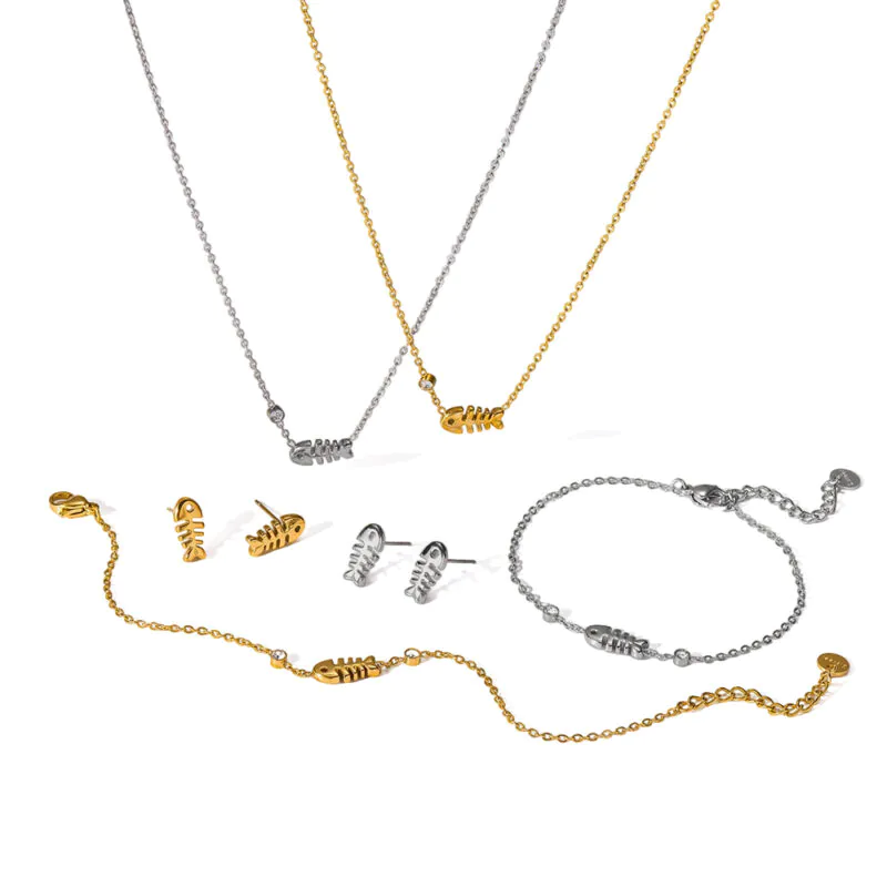 18K gold‑plated stainless steel fish‑skeleton motif jewelry, waterproof necklace bracelet stud earrings ins‑trendy everyday women’s accessories
