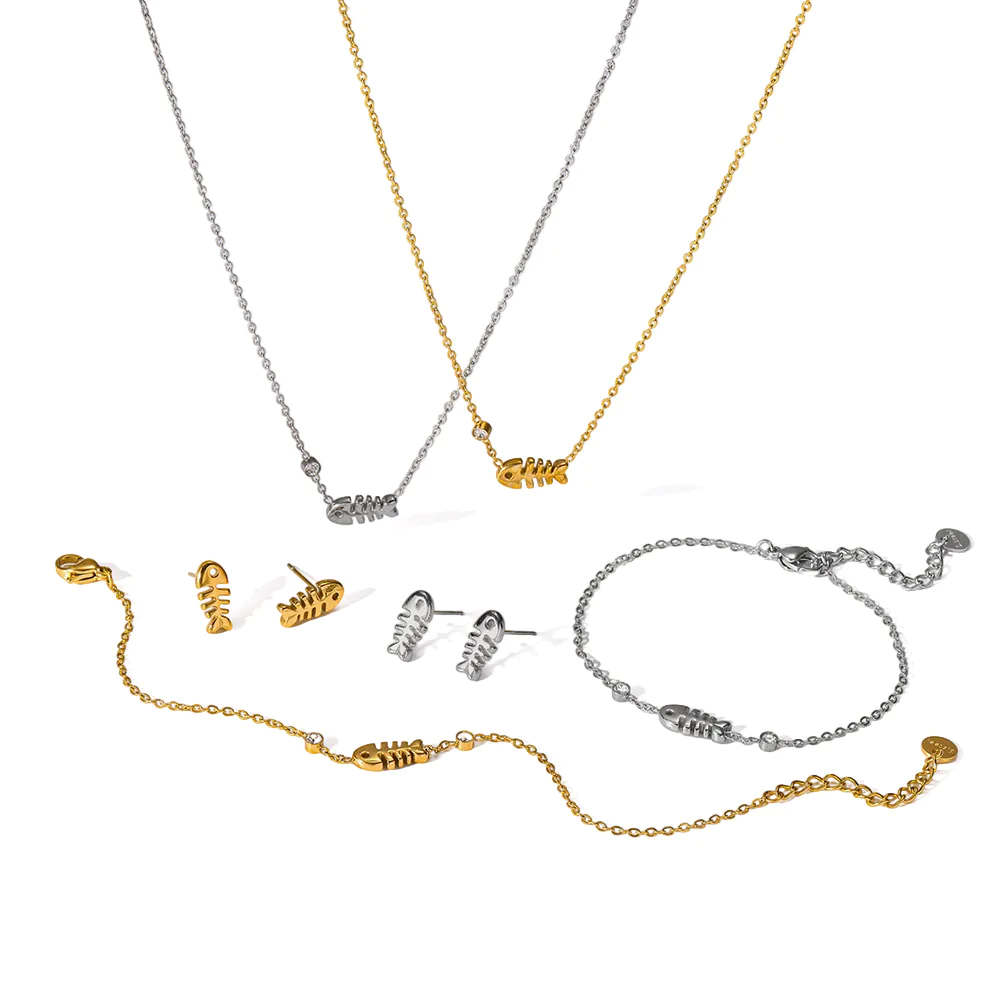 18K gold‑plated stainless steel fish‑skeleton motif jewelry, waterproof necklace bracelet stud earrings ins‑trendy everyday women’s accessories