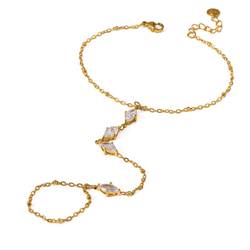 18K gold plated stainless steel marquise zircon linked finger hand chain bracelet women luxury hand jewelry
