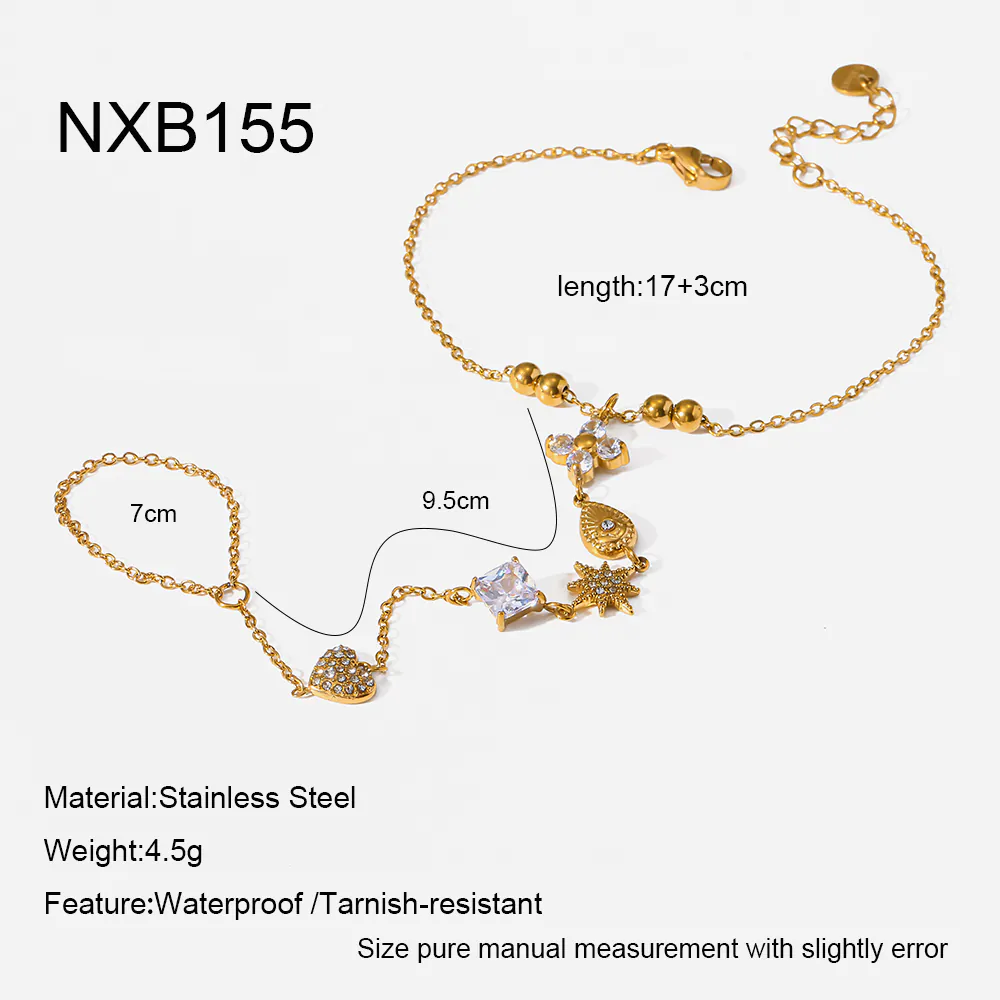 Heart & Star Cubic Zirconia Linked Finger Hand Chain | 18K Gold‑Plated Stainless Steel Integrated Hand Bracelet - Image 5