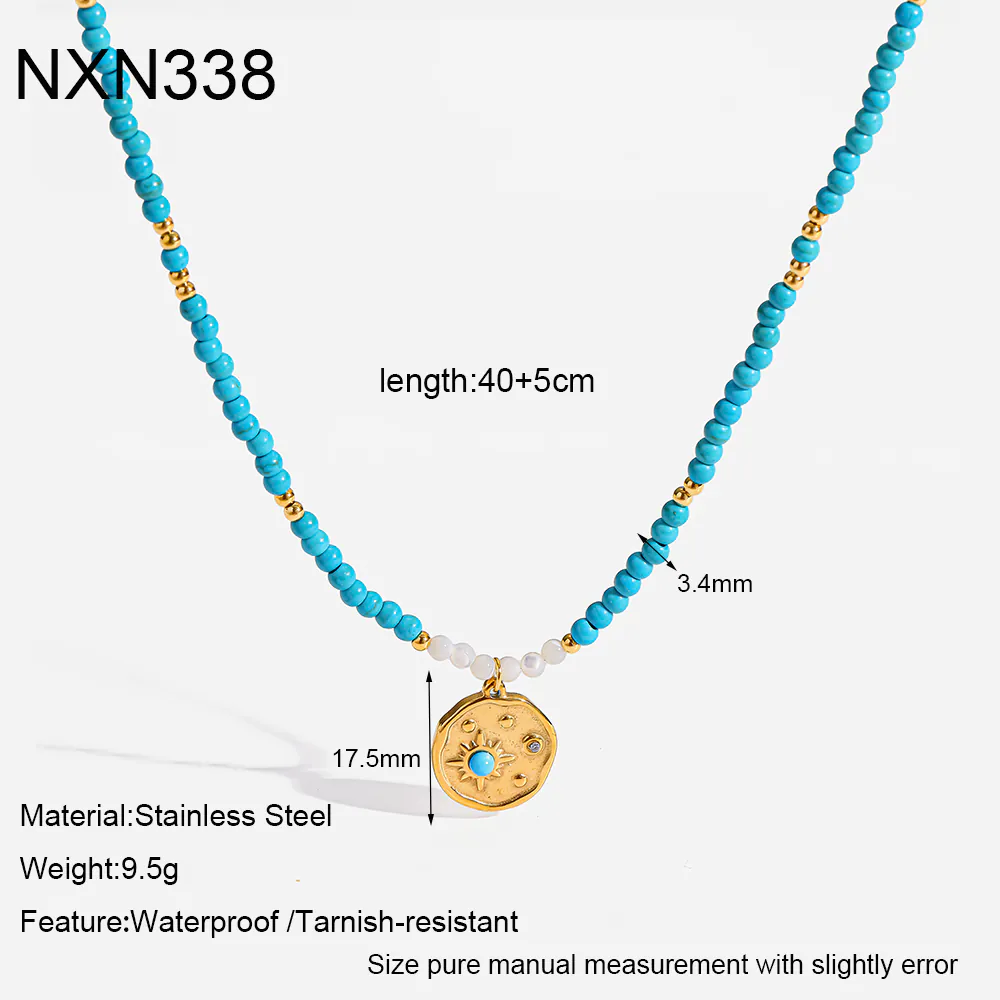 18K Gold-Plated Stainless Steel Sunburst Round Pendant Necklace, Vintage Turquoise Natural Stone Beaded Stackable Choker For Women - Image 7