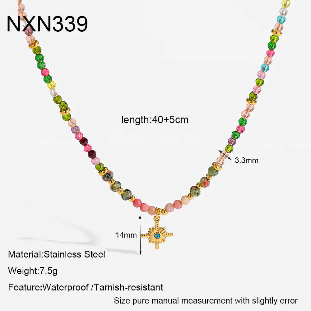18K Gold-Plated Stainless Steel Vintage Beaded Choker, Natural Stone & Glass Bead Eight-Pointed Star Pendant Stackable Collarbone Neck Jewelry For Women - Image 7