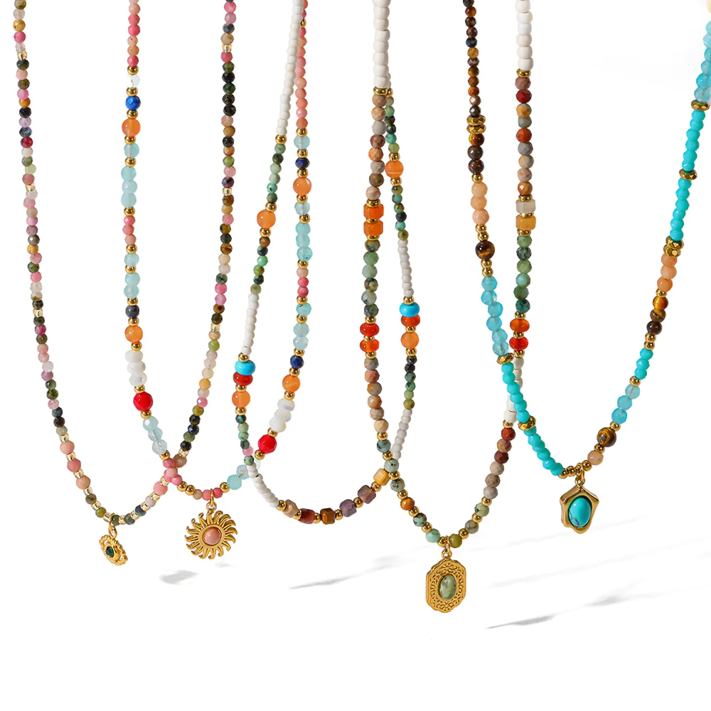 18K Gold‑Plated Stainless Steel Natural Stone Beaded Necklace, Geometric Pendant Vintage Collarbone Neck Jewelry For Women