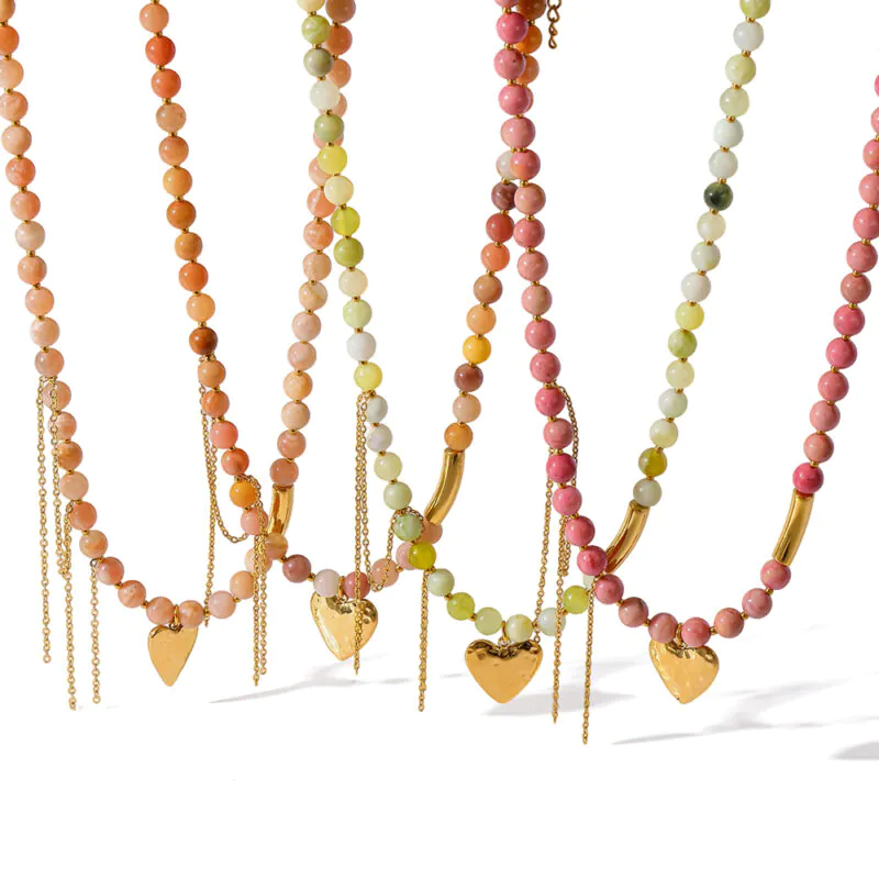 Natural Stone Beaded Heart Tassel Necklace | 18K Gold‑Plated Stainless Steel Boho Neck Jewelry
