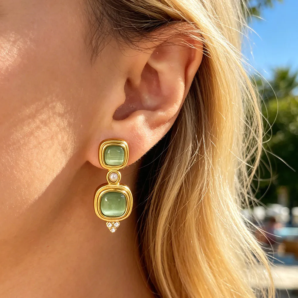 18K Gold-Plated Stainless Steel Square Cat Eye Stone Stud Earrings, Retro INS Style Non-Fading Women Ear Jewelry - Image 5