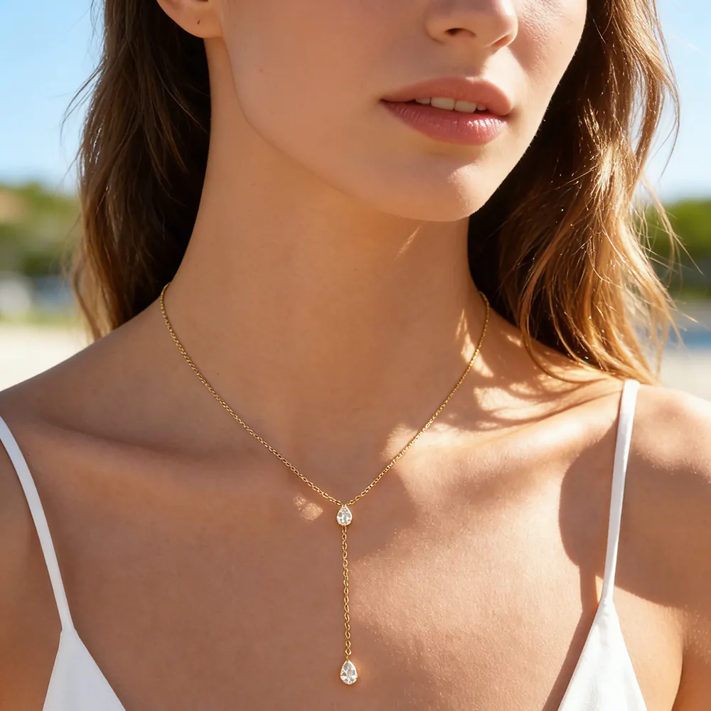 18K Gold‑Plated Stainless Steel Delicate Y‑Shape Necklace, Luxury Elegant Geometric Teardrop Cubic Zirconia Tassel Pendant Neck Jewelry For Women - Image 3