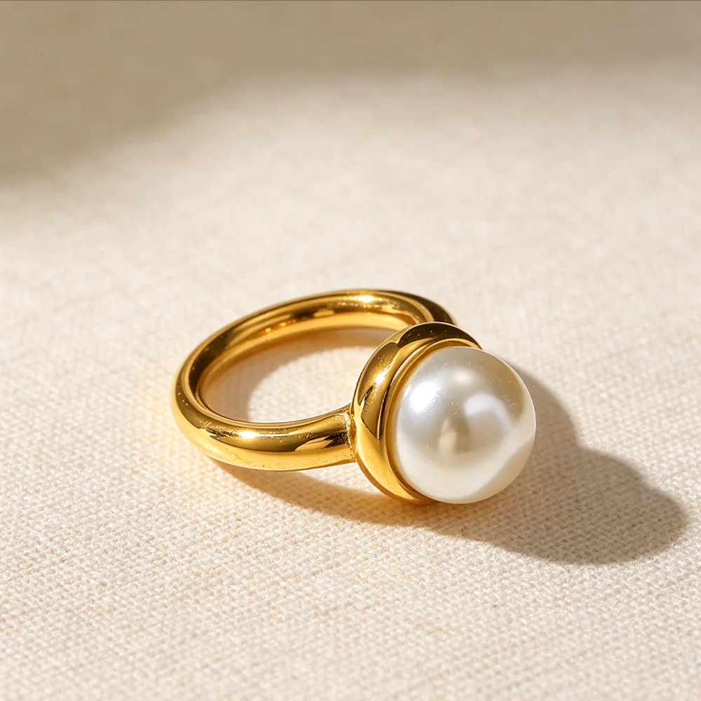 18K Gold‑Plated Stainless Steel Ins Fashion Luxury Round Faux Pearl Statement Ring, Waterproof Finger Jewelry For Women - Image 5