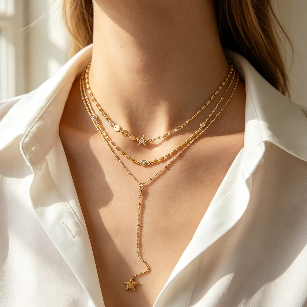 18K Gold-Plated Stainless Steel 3-Layer Star CZ Y-Drop Necklace, Waterproof Luxury Niche Stackable Women Neck Jewelry - Image 6