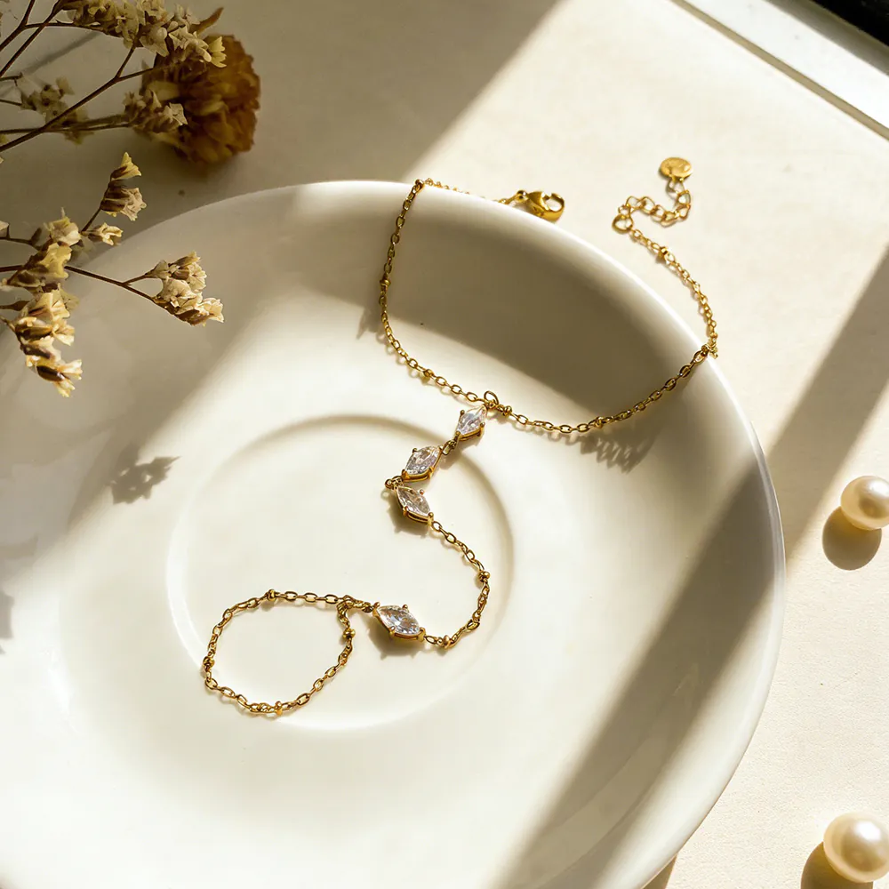 Marquise Zircon Linked Finger Hand Chain 18K Gold‑Plated Stainless Steel Hand Bracelet - Image 6