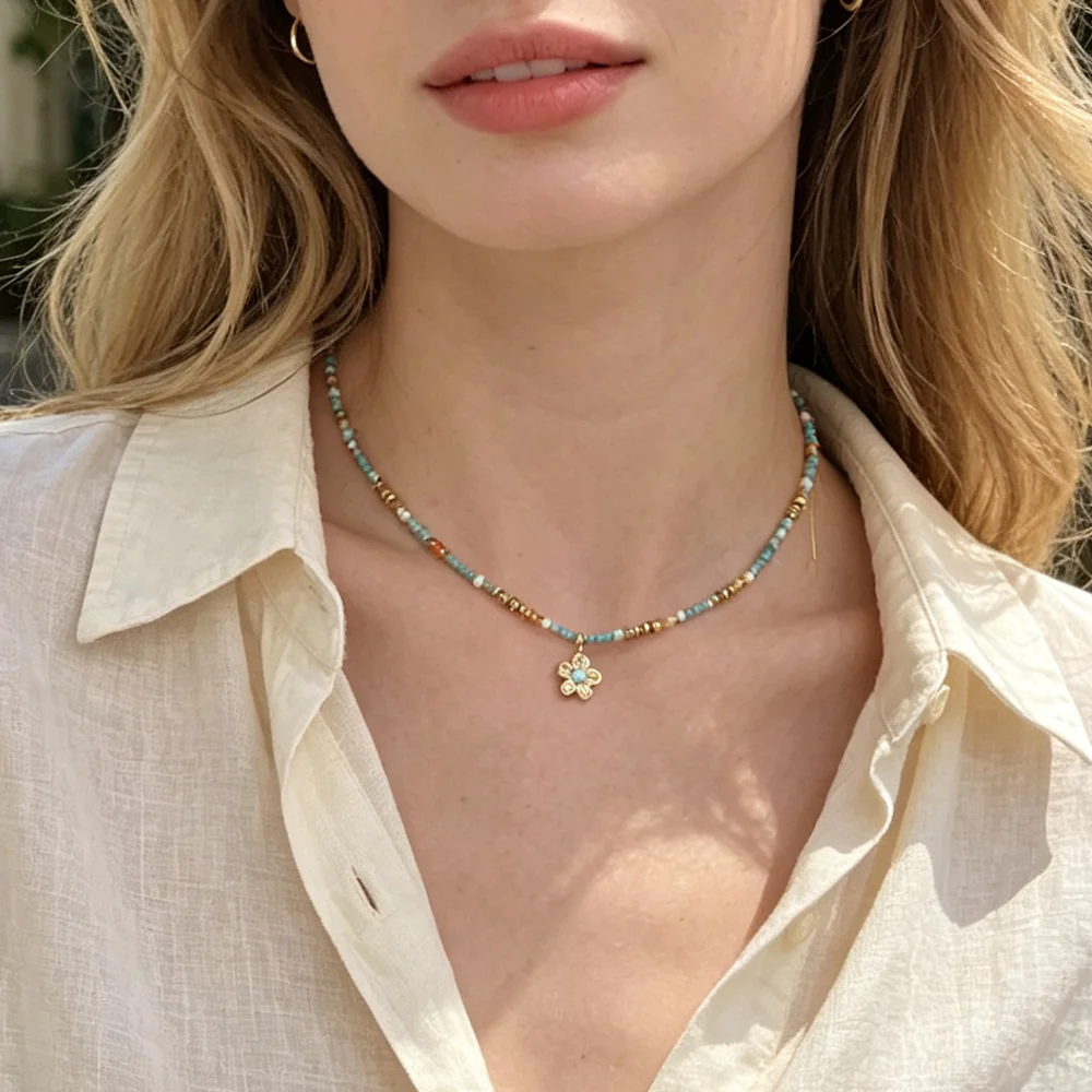18K Gold-Plated Stainless Steel Flower Pendant Necklace Dopamine Color Natural Stone Beaded Boho Dainty Clavicle Chain For Women - Image 5