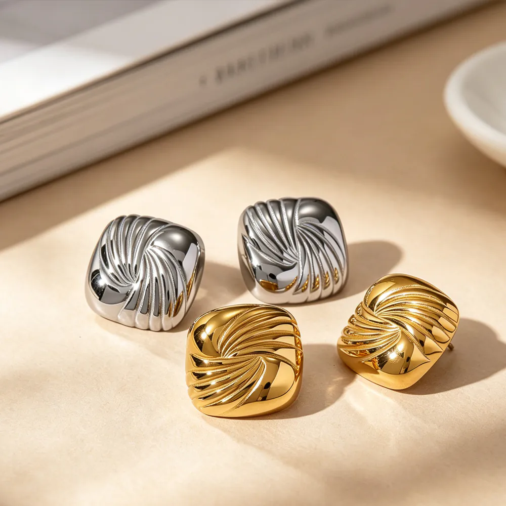 18K Gold Plated Stainless Steel Twisted Square Stud Earrings Waterproof Luxury Ins Ear Jewelry For Women - Image 4