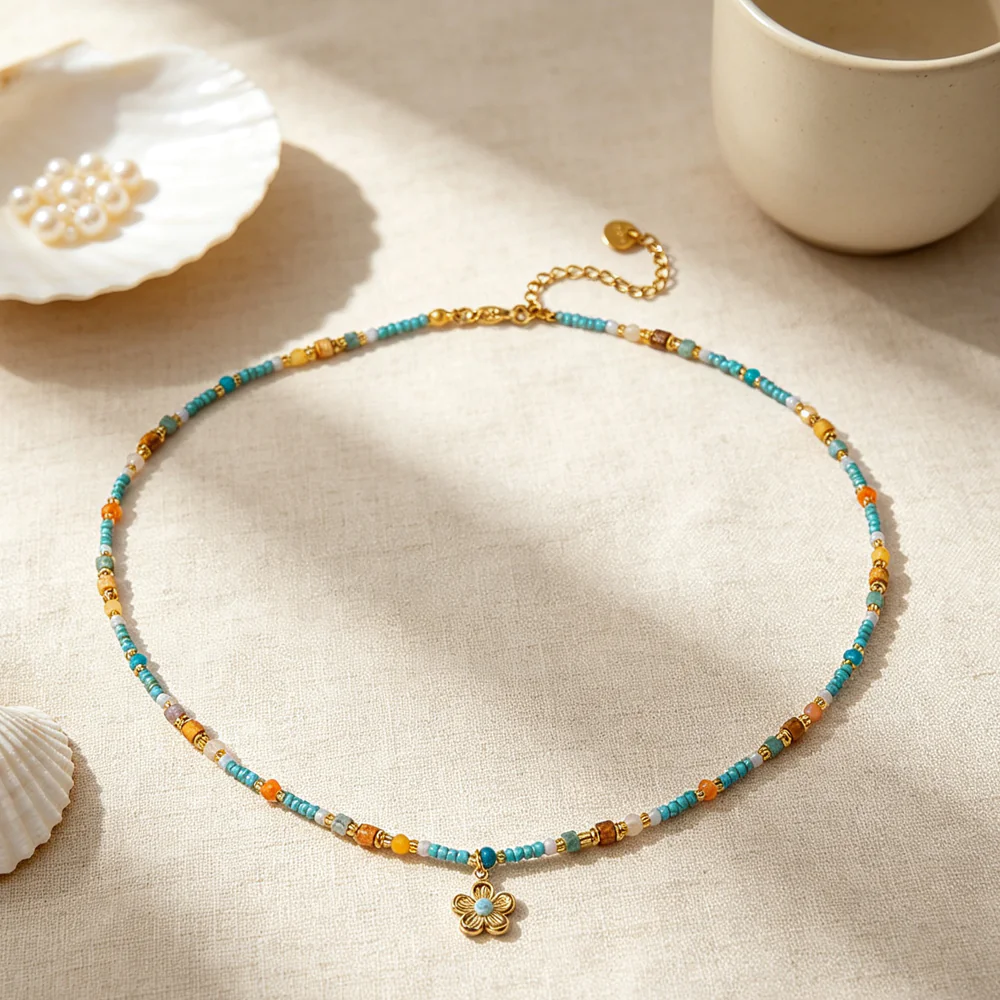 18K Gold-Plated Stainless Steel Flower Pendant Necklace Dopamine Color Natural Stone Beaded Boho Dainty Clavicle Chain For Women - Image 6