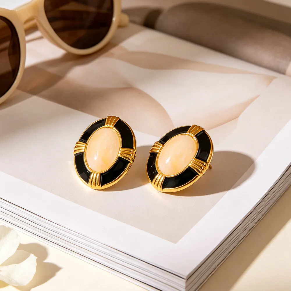 18K Gold‑Plated Stainless Steel Oval Natural Stone & Black Enamel Stud Earrings, Ins Vintage Luxury Waterproof Elegant Ear Jewelry For Women - Image 5