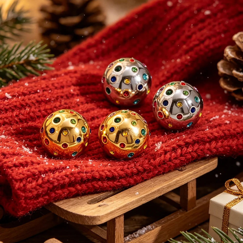 18K Gold‑Plated Stainless Steel Half‑Dome Round Christmas Stud Earrings, Multi‑Color Cubic Zirconia Inlaid Hypoallergenic Holiday Party Daily Ear Jewelry For Women - Image 2