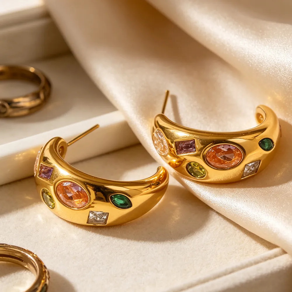 18K Gold‑Plated Stainless Steel Colorful Zircon C‑Shape Hoop Earrings, Ins Retro Trendy Fashion Waterproof Ear Jewelry For Women - Image 5