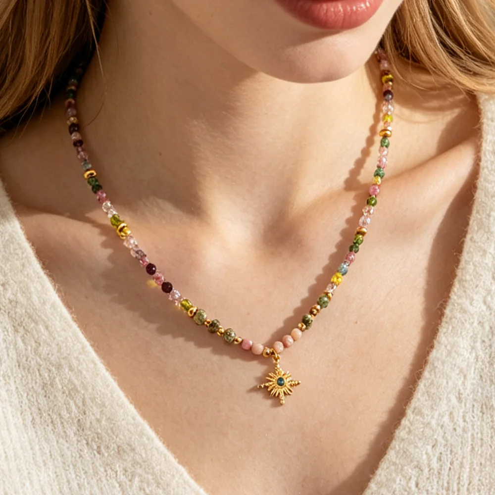 18K Gold-Plated Stainless Steel Vintage Beaded Choker, Natural Stone & Glass Bead Eight-Pointed Star Pendant Stackable Collarbone Neck Jewelry For Women - Image 6