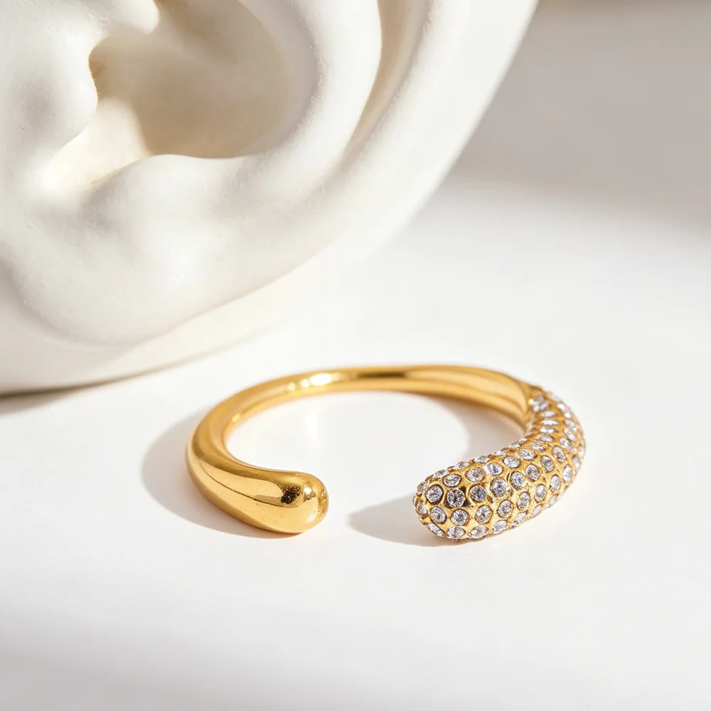 18K Gold‑Plated Stainless Steel Pave CZ Open Ring, Ins‑Style Teardrop Shape High‑End Minimalist Adjustable Finger Jewelry For Women - Image 4