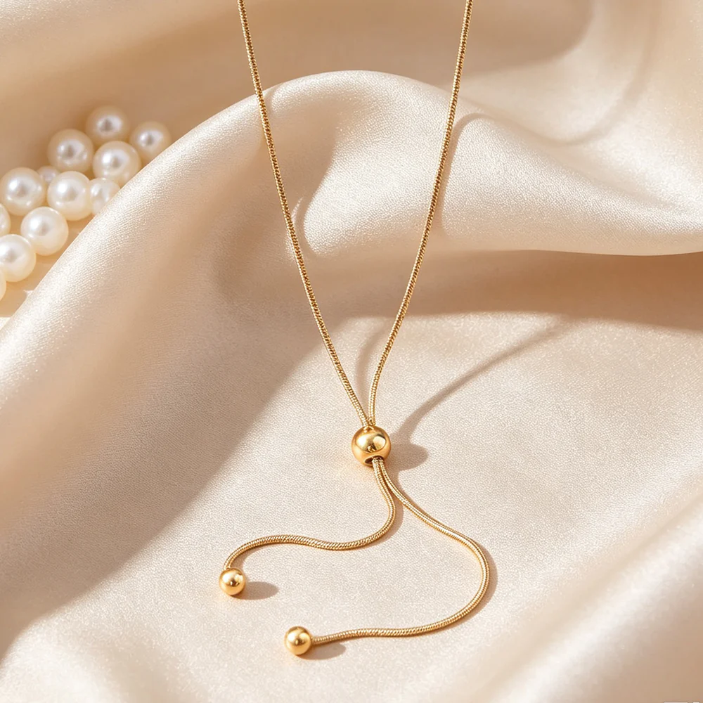 18K Gold‑Plated Stainless Steel Ins Minimalist Long Tassel Small Gold Ball Pendant Snake Chain Necklace, Waterproof Neck Jewelry For Women - Image 5