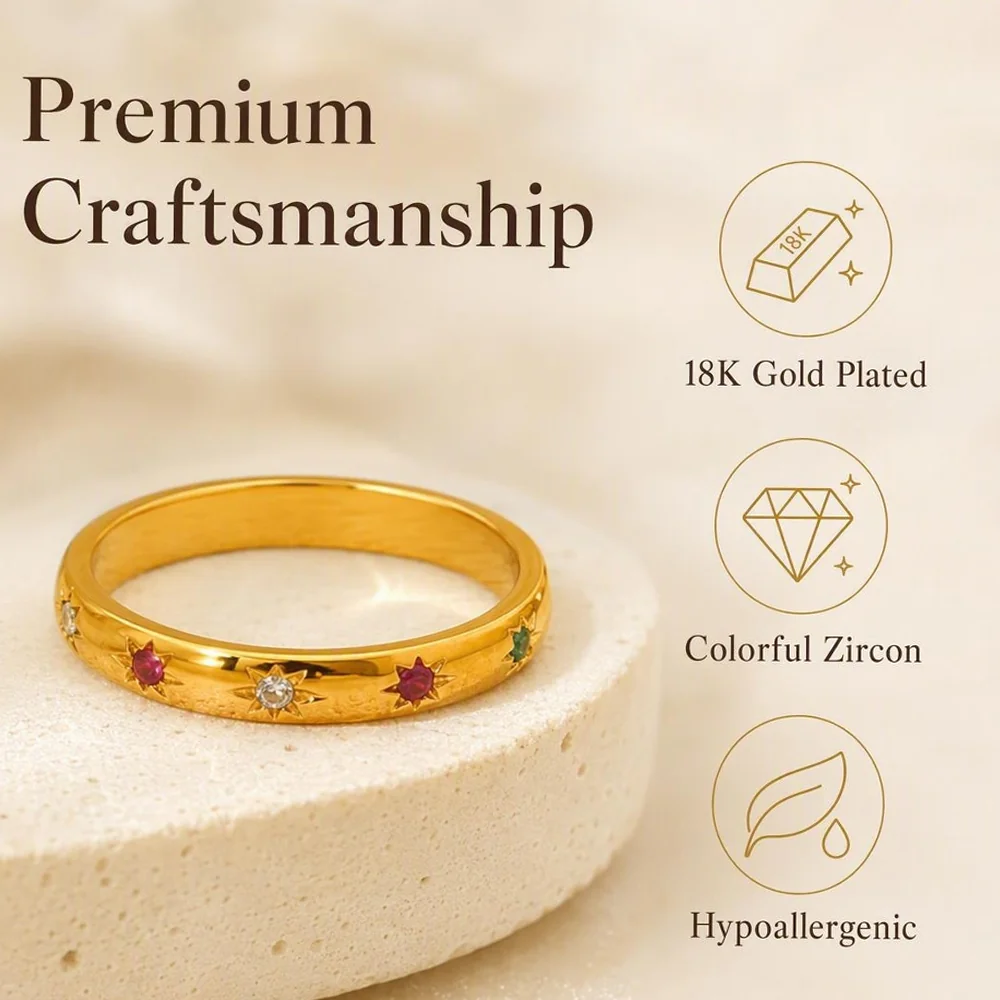 18K Gold-Plated Stainless Steel Thin Band Ring Luxury Colorful Cubic Zirconia Inlaid Band, High-End Waterproof Stackable Finger Jewelry For Women - Image 3