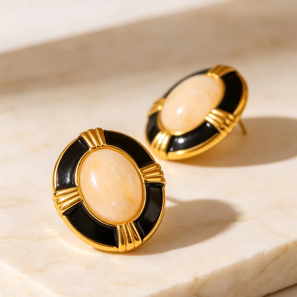 18K Gold‑Plated Stainless Steel Oval Natural Stone & Black Enamel Stud Earrings, Ins Vintage Luxury Waterproof Elegant Ear Jewelry For Women - Image 6