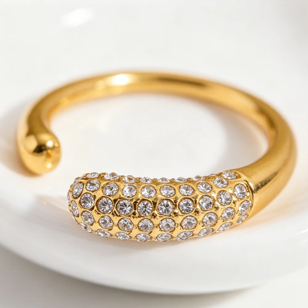 18K Gold‑Plated Stainless Steel Pave CZ Open Ring, Ins‑Style Teardrop Shape High‑End Minimalist Adjustable Finger Jewelry For Women - Image 3