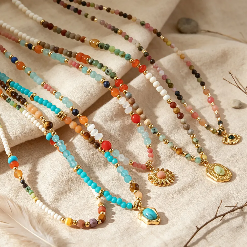 18K Gold‑Plated Stainless Steel Natural Stone Beaded Necklace, Geometric Pendant Vintage Collarbone Neck Jewelry For Women - Image 3