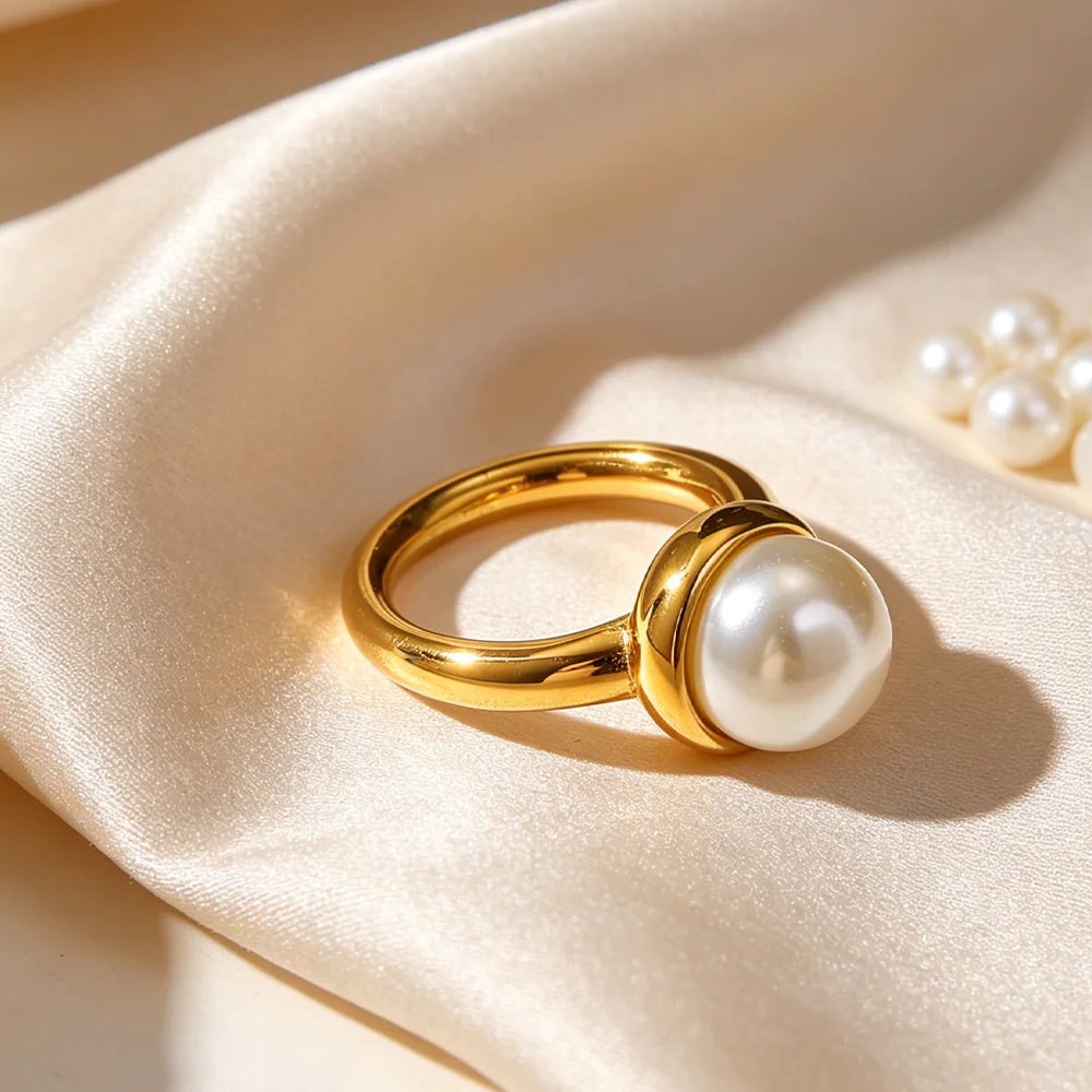 18K Gold‑Plated Stainless Steel Ins Fashion Luxury Round Faux Pearl Statement Ring, Waterproof Finger Jewelry For Women - Image 6