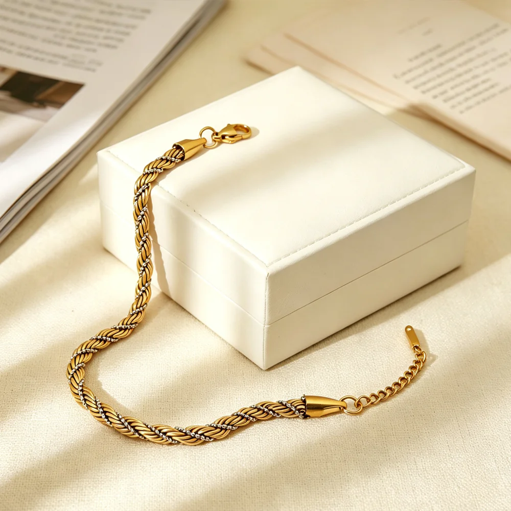 18K Gold-Plated Stainless Steel Ins Fashion Two-Tone Twisted Rope Bracelet, Minimalist Versatile Adjustable Women Wrist Jewelry - Image 2