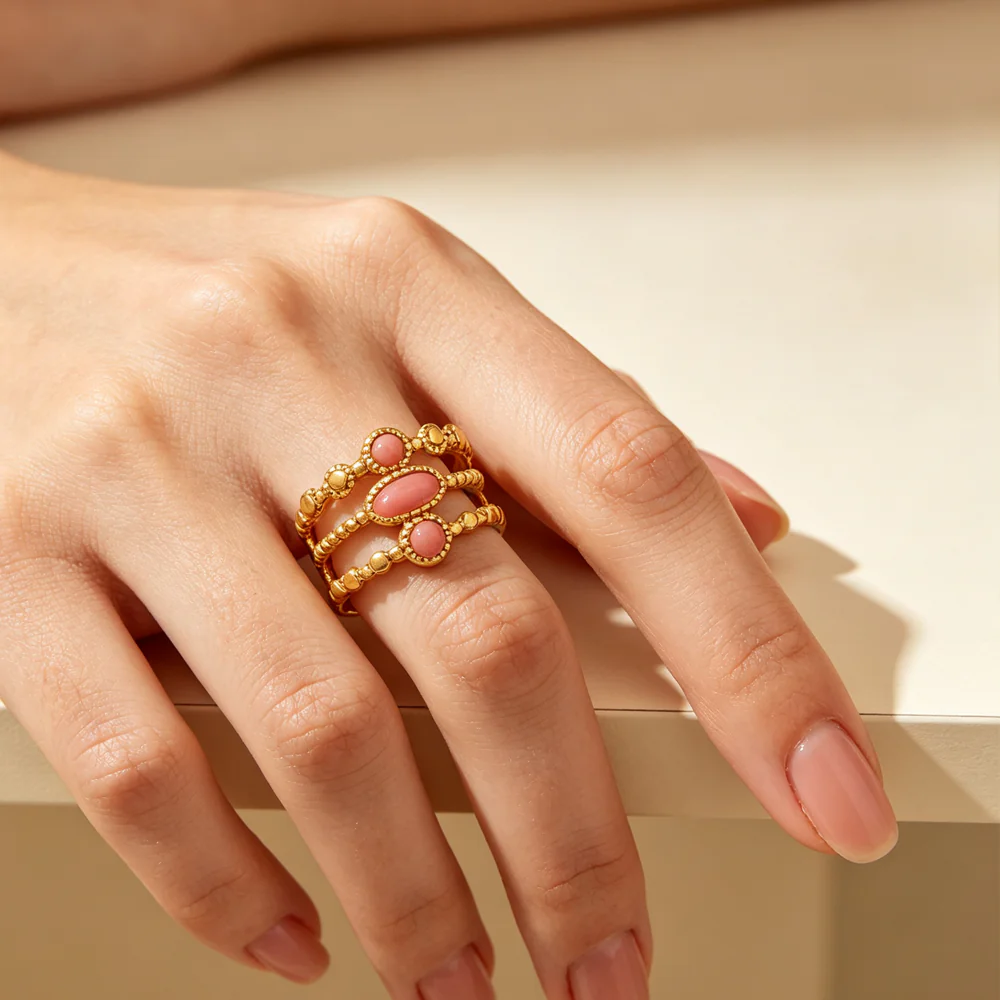 18K Gold‑Plated Stainless Steel Ins French Vintage Inlaid Natural Stone Open Ring, Waterproof Luxury Finger Jewelry For Women - Image 6