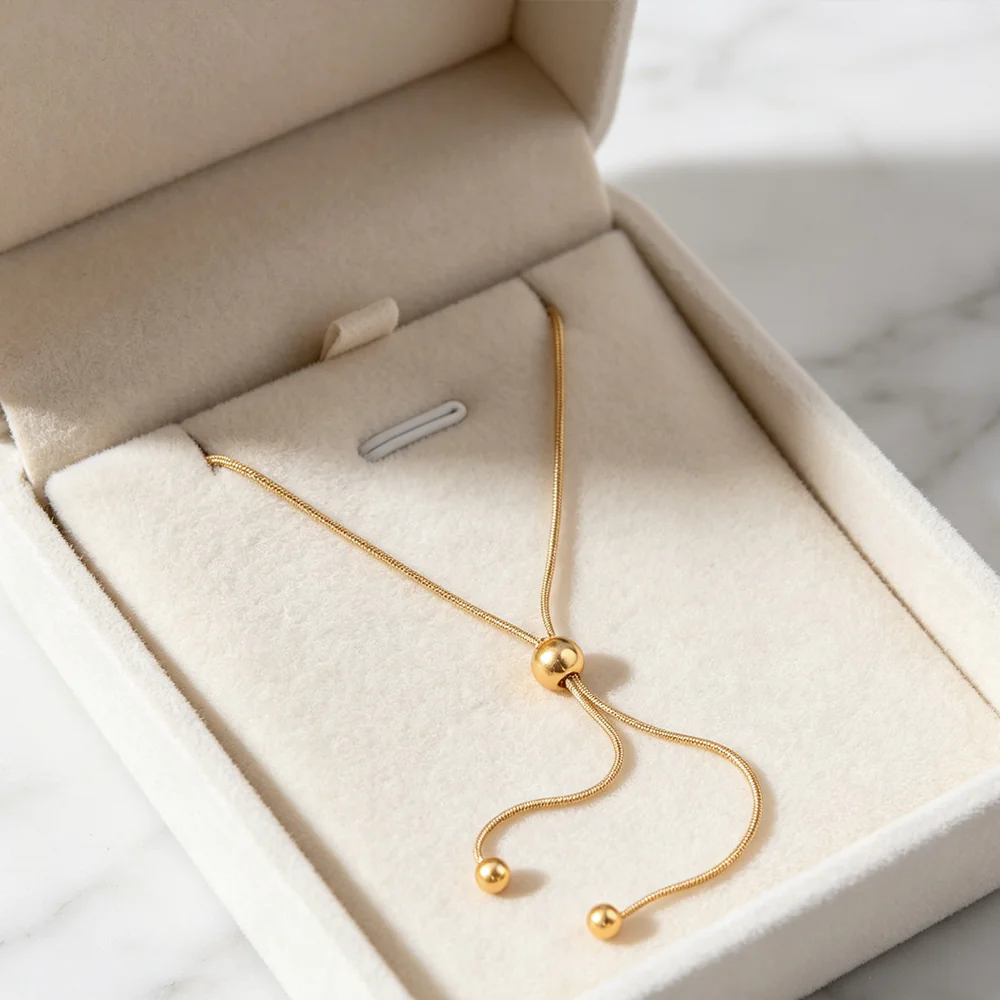 18K Gold‑Plated Stainless Steel Ins Minimalist Long Tassel Small Gold Ball Pendant Snake Chain Necklace, Waterproof Neck Jewelry For Women - Image 6