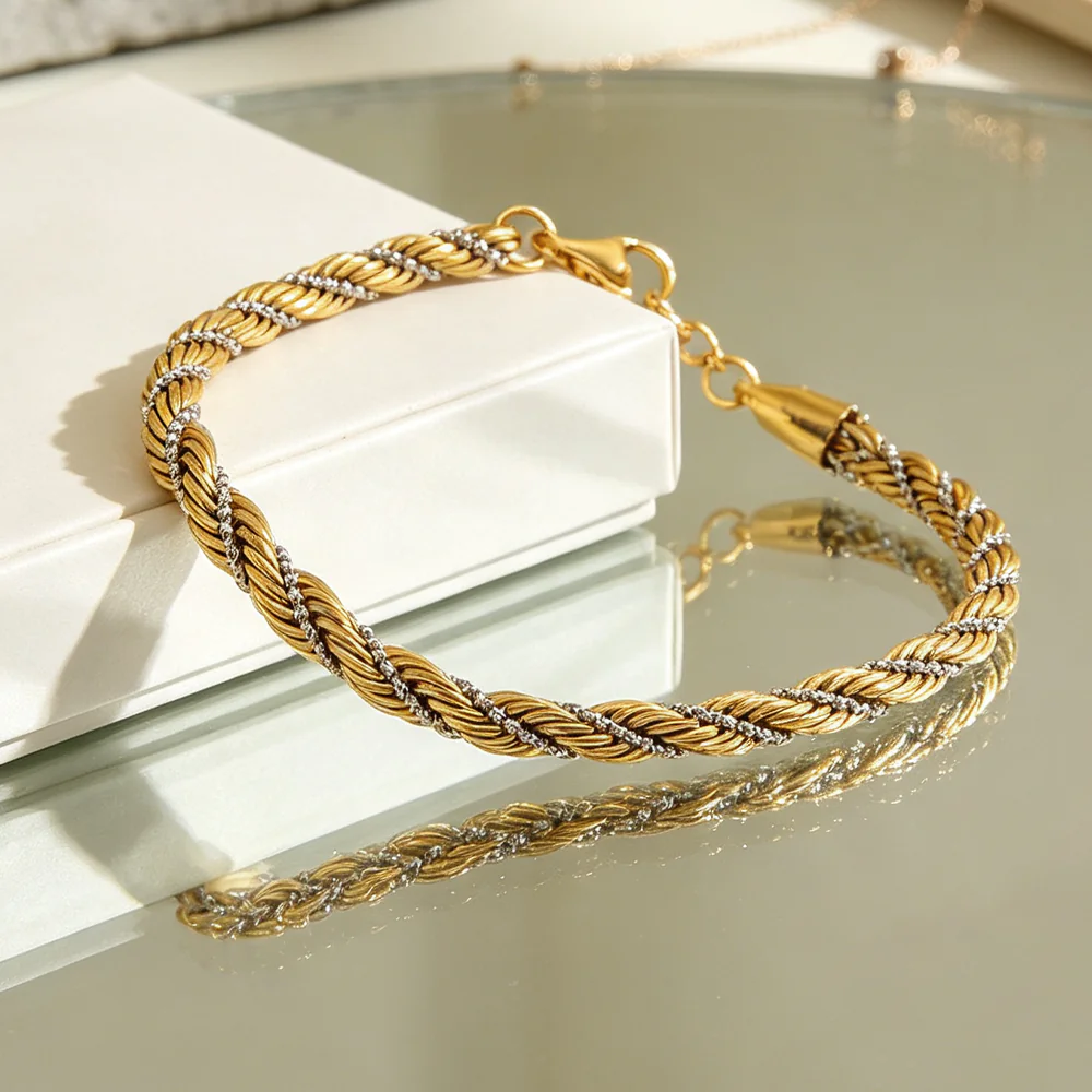18K Gold-Plated Stainless Steel Ins Fashion Two-Tone Twisted Rope Bracelet, Minimalist Versatile Adjustable Women Wrist Jewelry - Image 6
