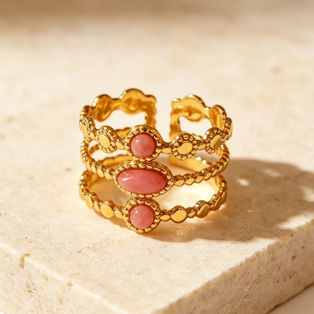 18K Gold‑Plated Stainless Steel Ins French Vintage Inlaid Natural Stone Open Ring, Waterproof Luxury Finger Jewelry For Women - Image 4