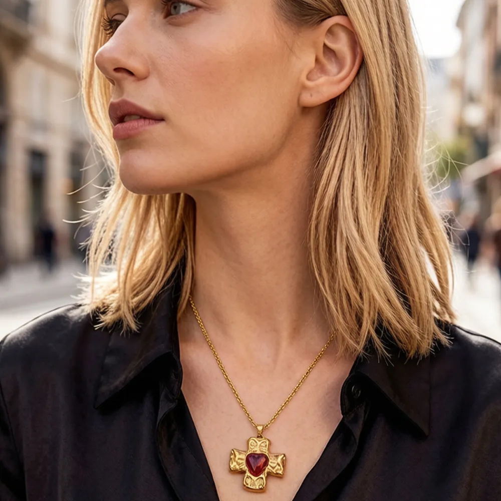 18K Gold Plated Waterproof Stainless Steel Necklace, Hammered Heart Cross Pendant Twist Rope Chain Necklace, Niche Luxury Women Neck Jewelry For Daily Wear - Image 3