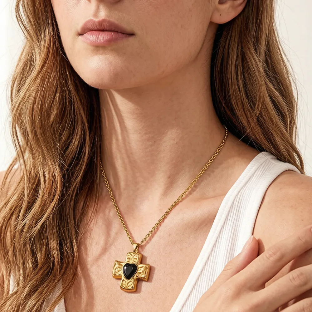 18K Gold Plated Waterproof Stainless Steel Necklace, Hammered Heart Cross Pendant Twist Rope Chain Necklace, Niche Luxury Women Neck Jewelry For Daily Wear - Image 7