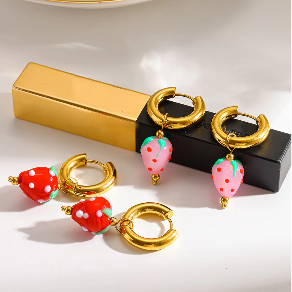 18K Gold-Plated Stainless Steel Hoop Earrings, Cute Acrylic Strawberry Dangle Charms, Non-Fading Women Fashion Ear Jewelry - Image 5