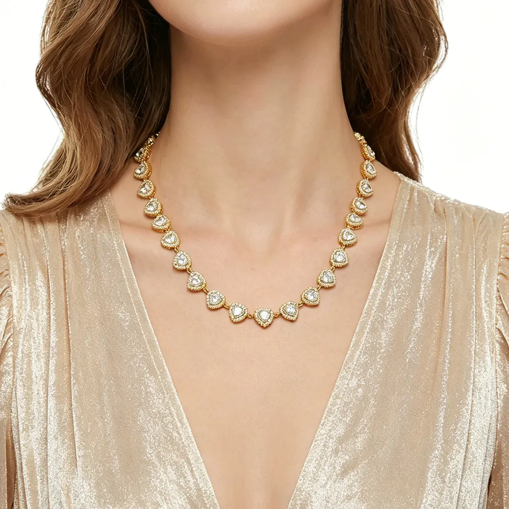 18K Gold‑Plated Stainless Steel Full Zircon Heart & Flower Necklace, Luxury Dainty Neck Chain for Women - Image 5