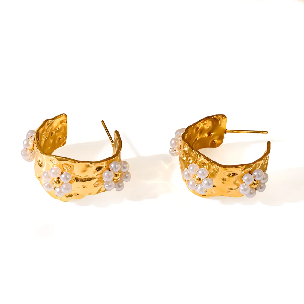 18k gold plated stainless steel ins hammered c‑shape hoop earrings flower faux pearl cluster minimalist luxury waterproof women ear jewelry