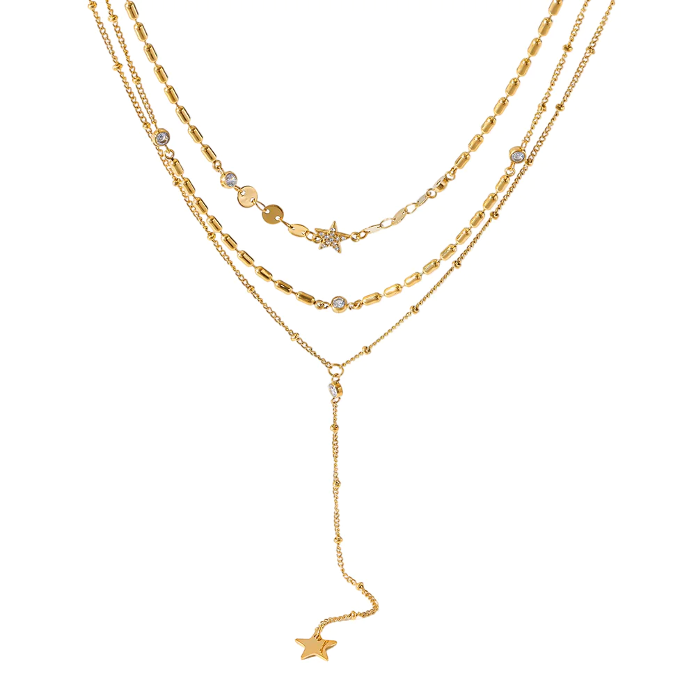 18k gold plated stainless steel 3 layer star cubic zirconia y drop necklace, waterproof luxury niche stackable neck jewelry for women