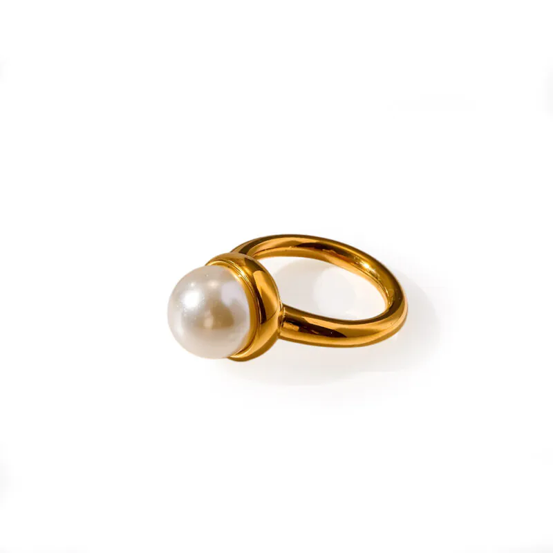 18k gold plated stainless steel ins fashion round faux pearl statement ring luxury waterproof women finger jewelry