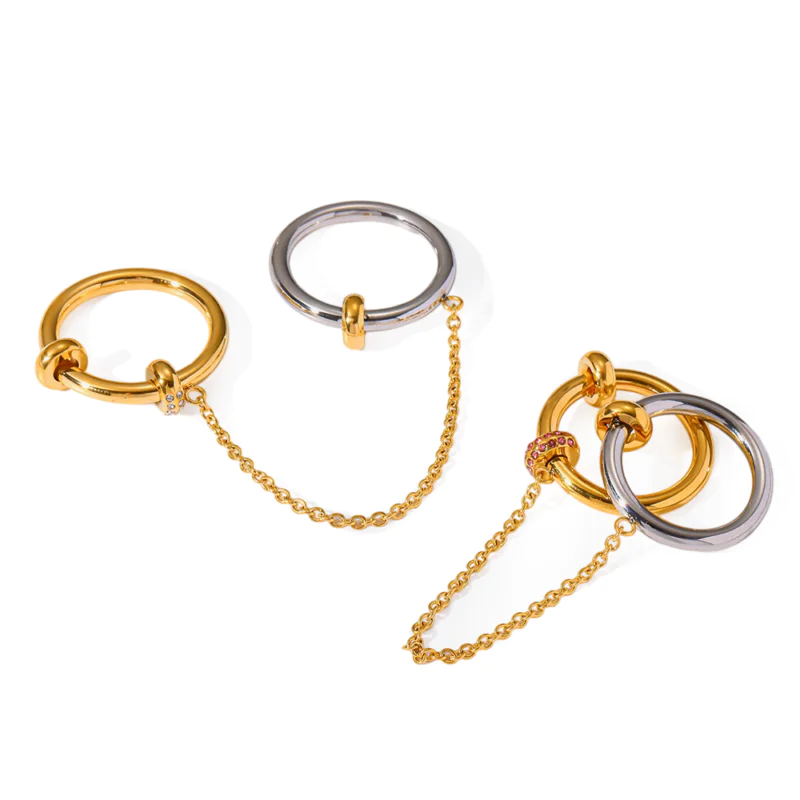 18k gold plated stainless steel two‑tone interlocking chain linked rhinestone ring, waterproof niche statement finger jewelry for women