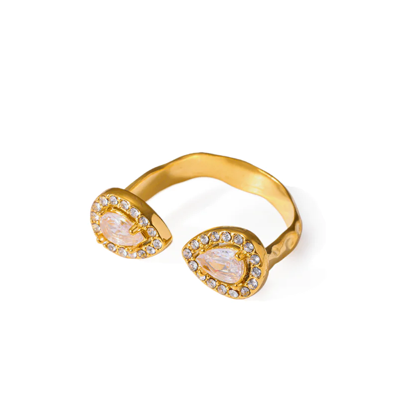 18K Gold‑Plated Stainless Steel Fixed Open Ring, Double Teardrop CZ Waterproof Niche Luxury Finger Ring For Women