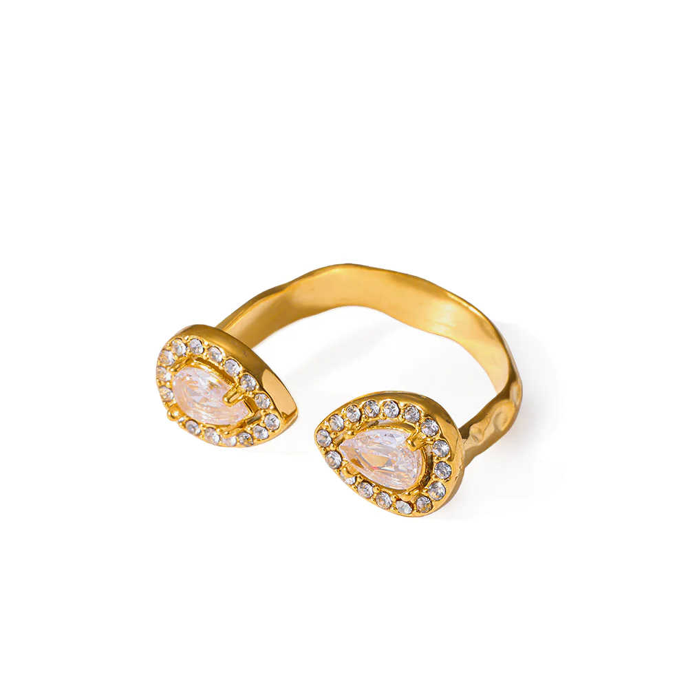 18K Gold‑Plated Stainless Steel Fixed Open Ring, Double Teardrop CZ Waterproof Niche Luxury Finger Ring For Women