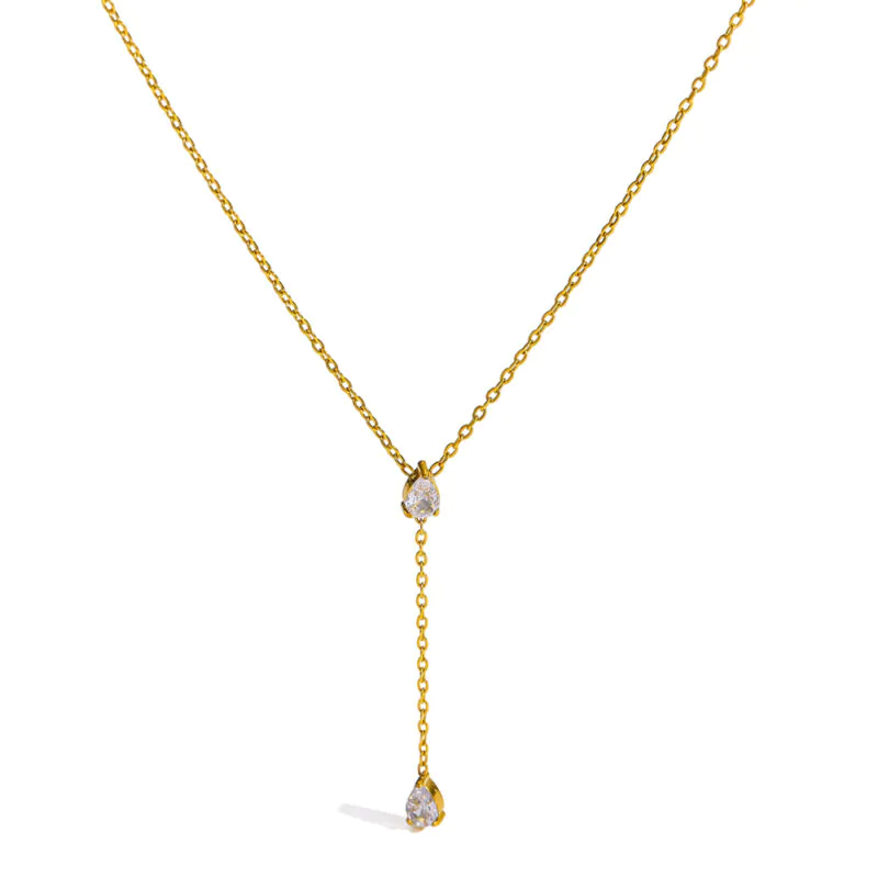 18k gold plated stainless steel delicate y‑shape necklace luxury elegant geometric teardrop cubic zirconia tassel pendant women neck jewelry