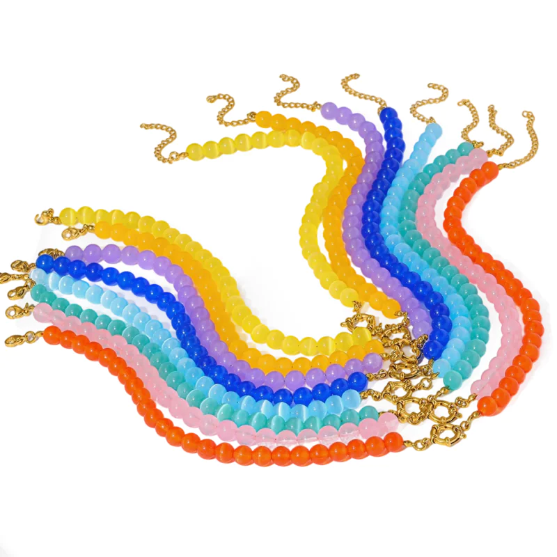 18K Gold-Plated Stainless Steel Rainbow Cat Eye Glass & Natural Stone Beaded Necklace, Dainty Clavicle Chain Jewelry for Women
