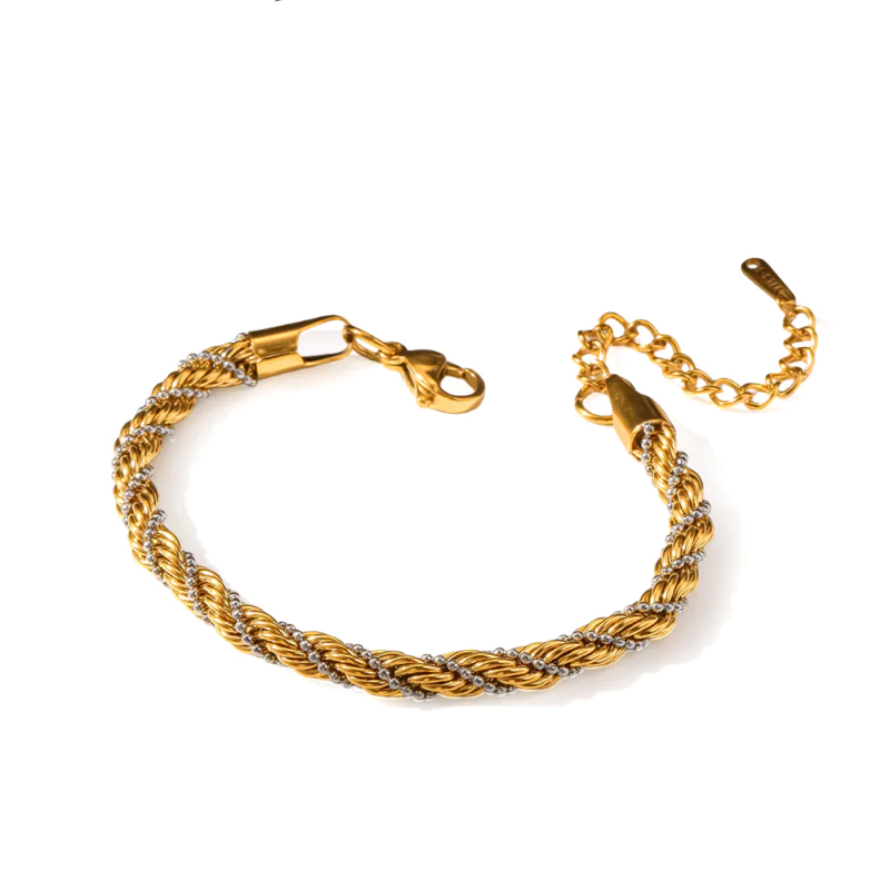 18K Gold-Plated Stainless Steel Ins Fashion Two-Tone Twisted Rope Bracelet, Minimalist Versatile Adjustable Women Wrist Jewelry