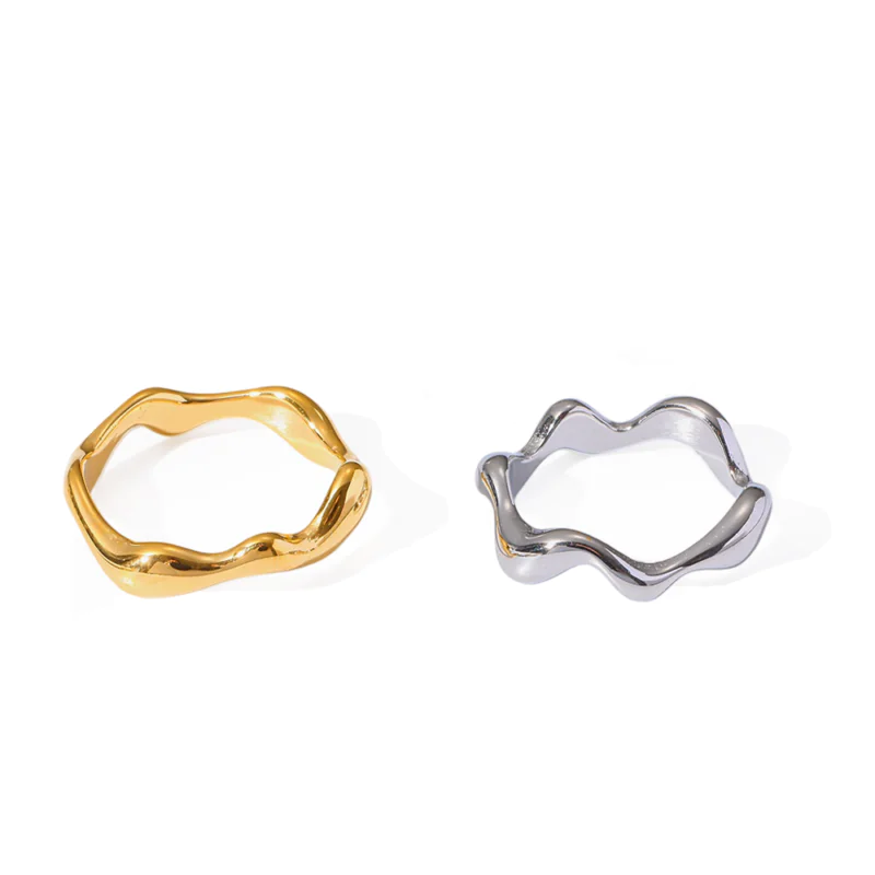 18k gold‑plated stainless steel wavy ring, minimalist geometric irregular band, non‑fading stackable finger jewelry for women ins style