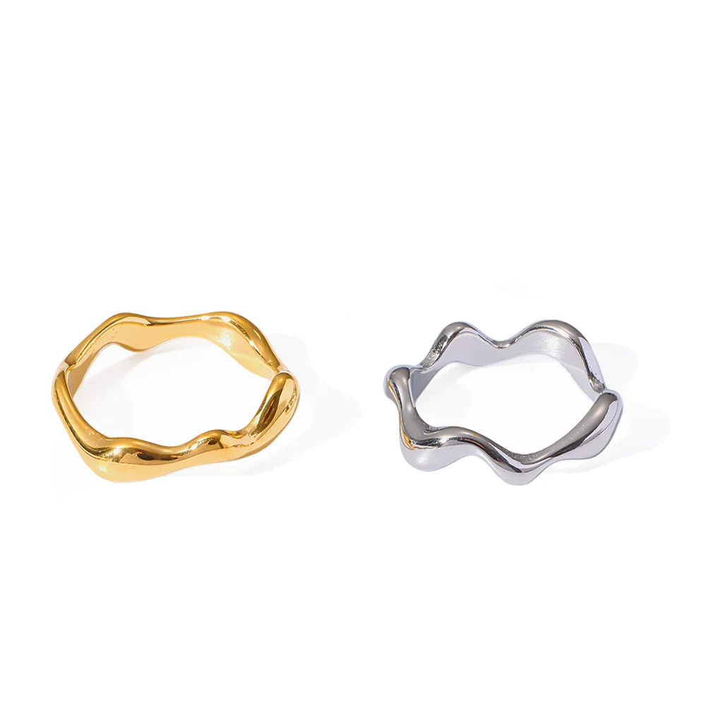 18k gold‑plated stainless steel wavy ring, minimalist geometric irregular band, non‑fading stackable finger jewelry for women ins style