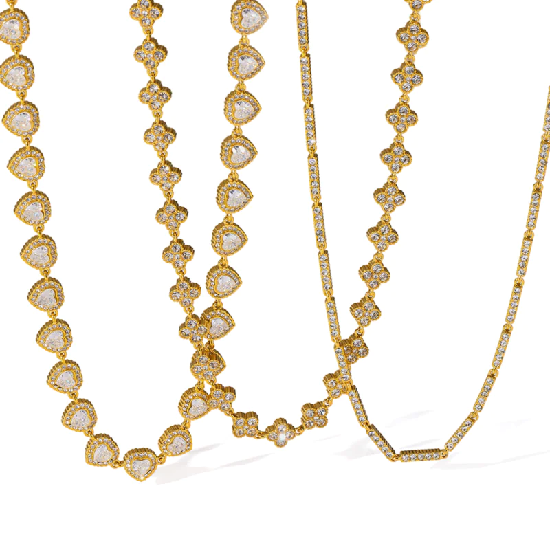 18K gold plated stainless steel full zircon heart and flower luxury women necklace
