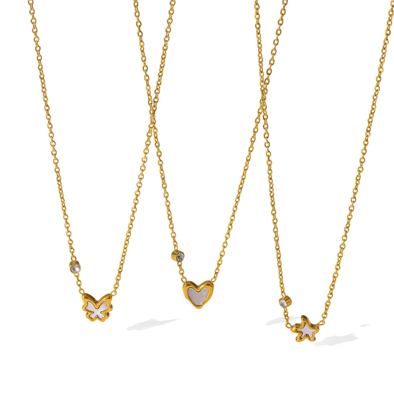 18K gold plated stainless steel mother‑of‑pearl butterfly heart star zircon pendant women necklace